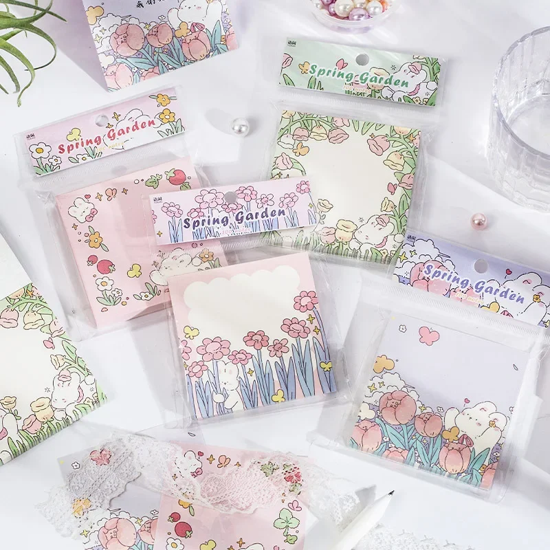 100 Pcs Spring Garden Flowers, Little Rabbit, Cute Note Paper, Non-adhesive Sticky Note Handbook Material, Memo Note Paper