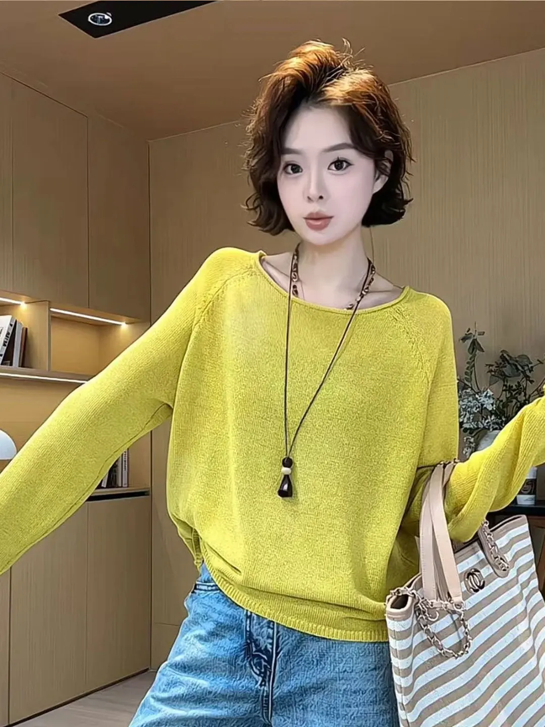

Loose Yellow Long Sleeve round Neck Knitted Sun Protection Women's Summer Lazy Air Conditioner Cover up Top Layer Thin