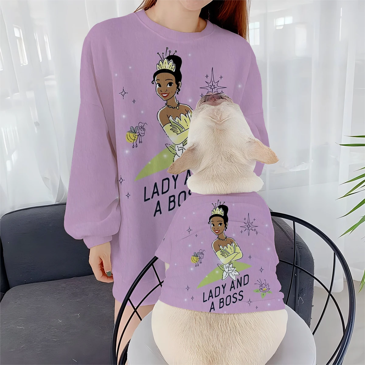 Disney Princess Tiana Print Women's Round Neck Parent-Child Dog Owner Matching Autumn and Winter Sweater Maltese Bichon Frise