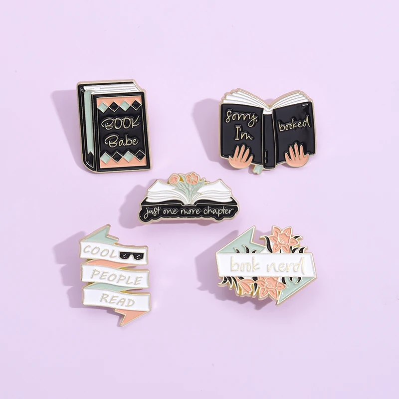 JUSE ONE MORE CHAPTER Metal Enamel Pins Creative Cartoon Book Flower Brooch Badges Trendy Charm Costume Jewelry Accessories Gift