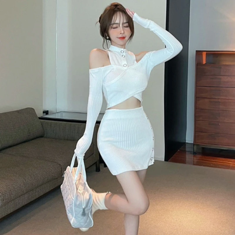 Two Pieces Sets Women Fashion Sexy Hollow Out Crop Tops Elegant High Waist Korean Style Simple Slim Design Basics Mini Skirts