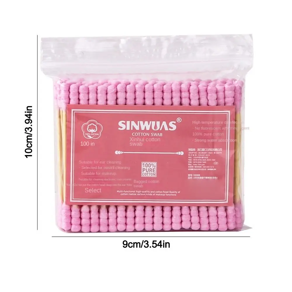 100 Pcs/Pack Pink Disposable Cotton Swab Double Head Ear Clean Cotton Swab Sticks Clean Wooden Sticks Medical Nose Ears Cleaning