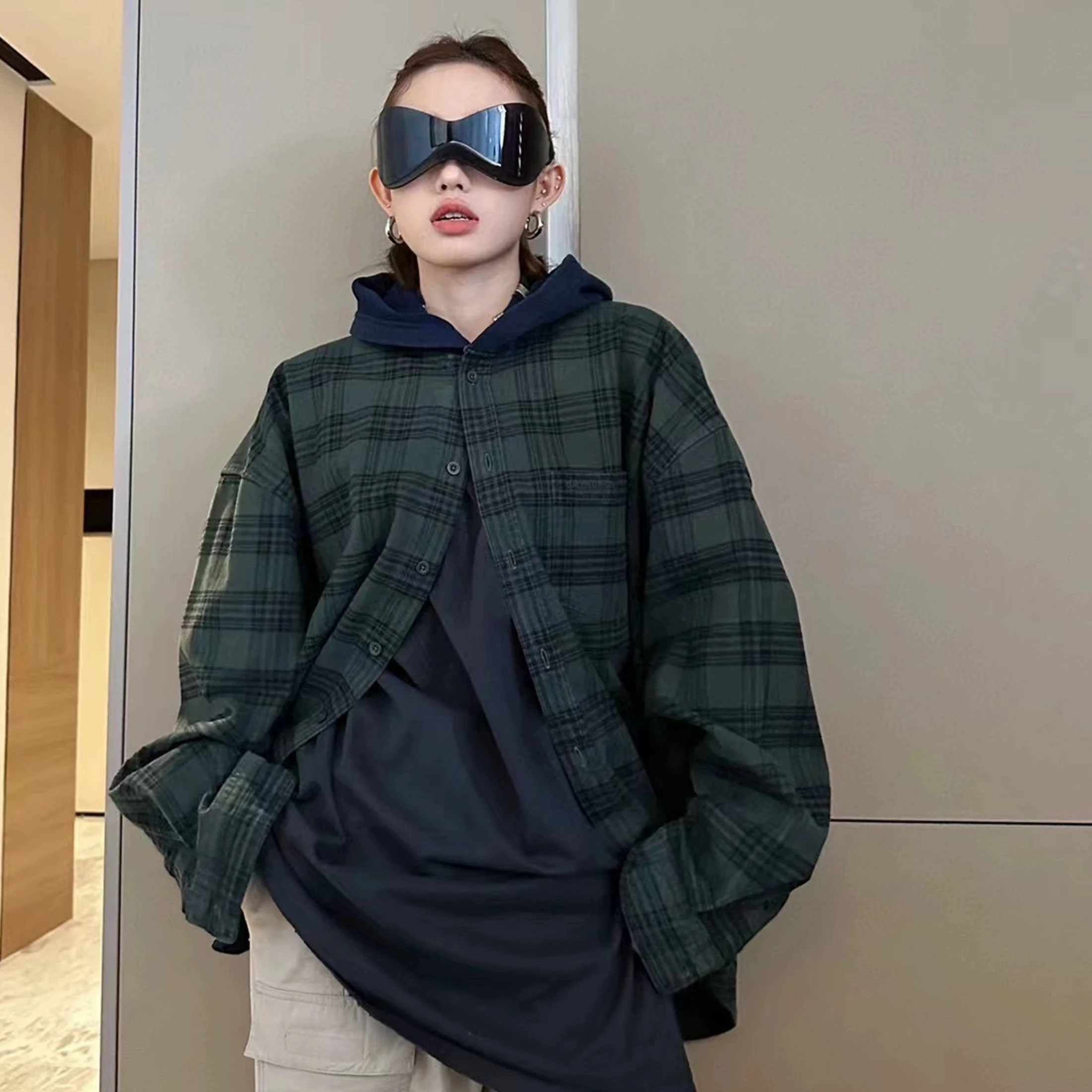 

NIGO Men's Spring And Summer Fashion Trend Color Blocking Plaid Buttons Hooded Long-sleeved Shirt Loose Casual Ngvp #nigo7448