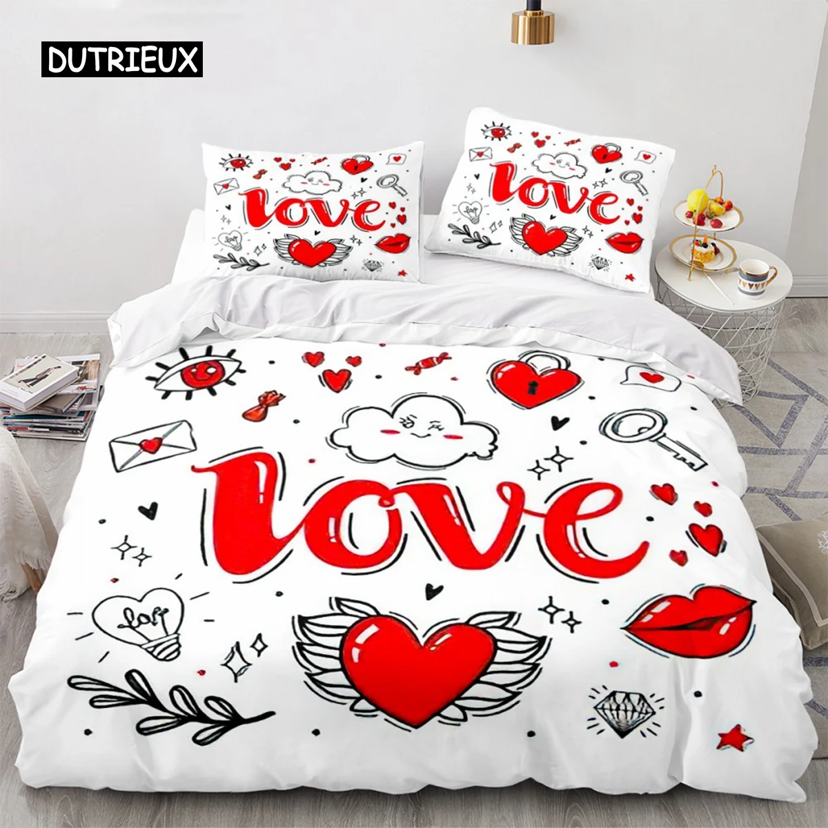 Set seprai Duvet hati cinta merah, dekorasi kamar tidur tema romantis mewah untuk pasangan hadiah Hari Valentine untuk pacar