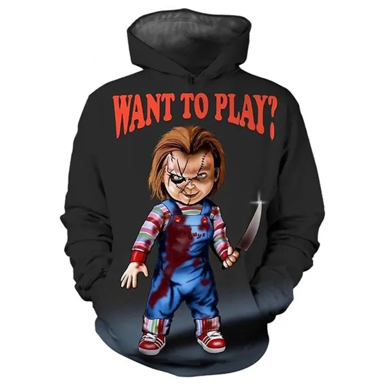 Chucky Doll Hoodie Horror Child\'s Play 3D Print Mężczyźni Kobiety Oversized Pullovers Y2k Harajuku Bluzy z kapturem Tops Odzież dziecięca