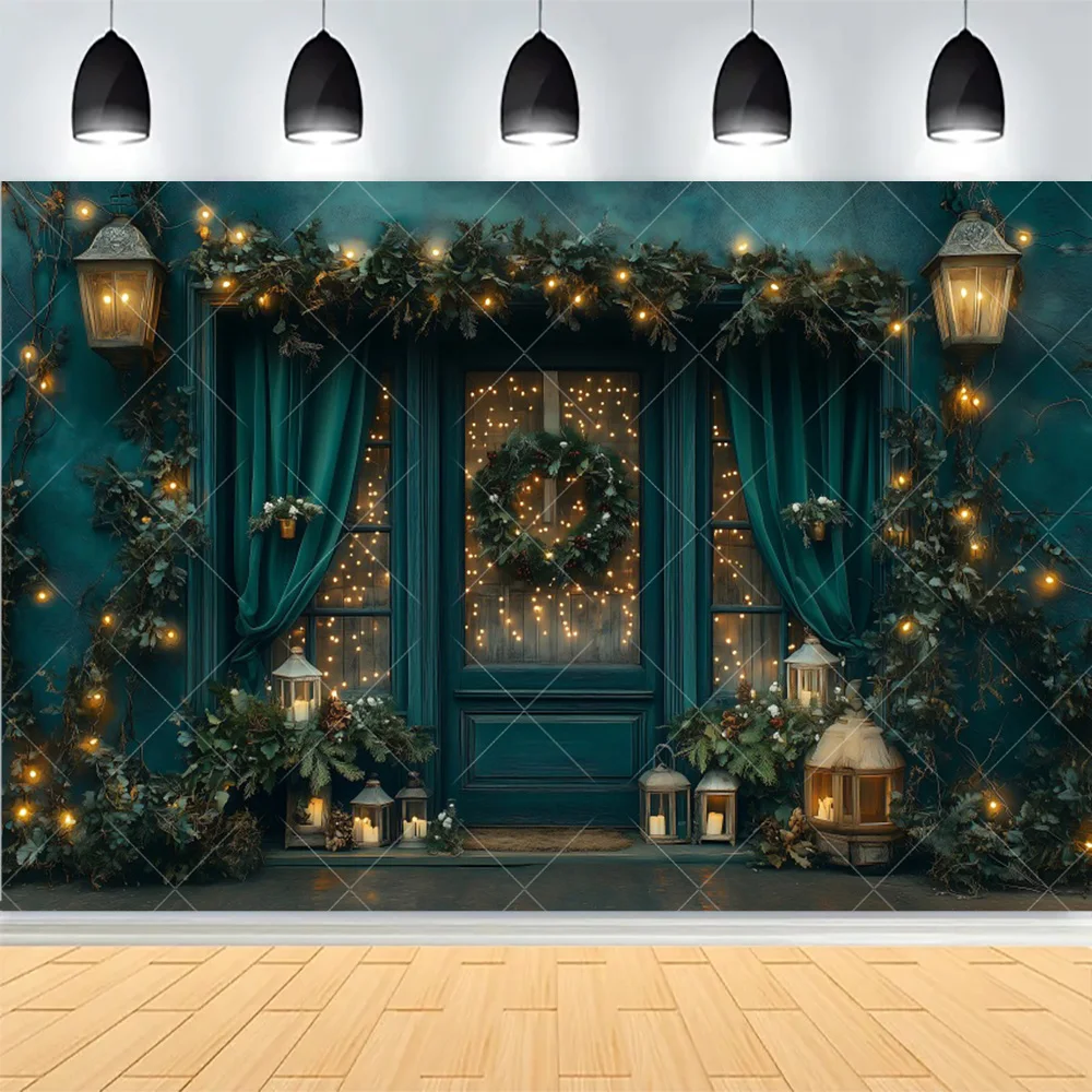 

Winter Christmas Photography Backdrop Green Wall Window Curtain Xmas Tree Kids Family Decor for Photo Studio Background SC-59