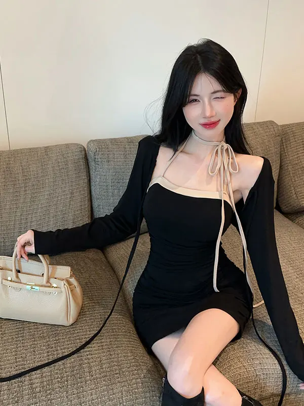 

Autumn Winter Long Sve Wrap around Strap Dr Two Piece Set Color Blo Corduroy Dr Young Women Faion Outfit