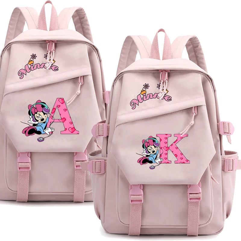 

26 Alphabet Minnie Cartoon Anime Schoolbags Minnie Mouse Fashion Daily Bagpack A-Z 26 Letters Girls Backpack Children Bookbag