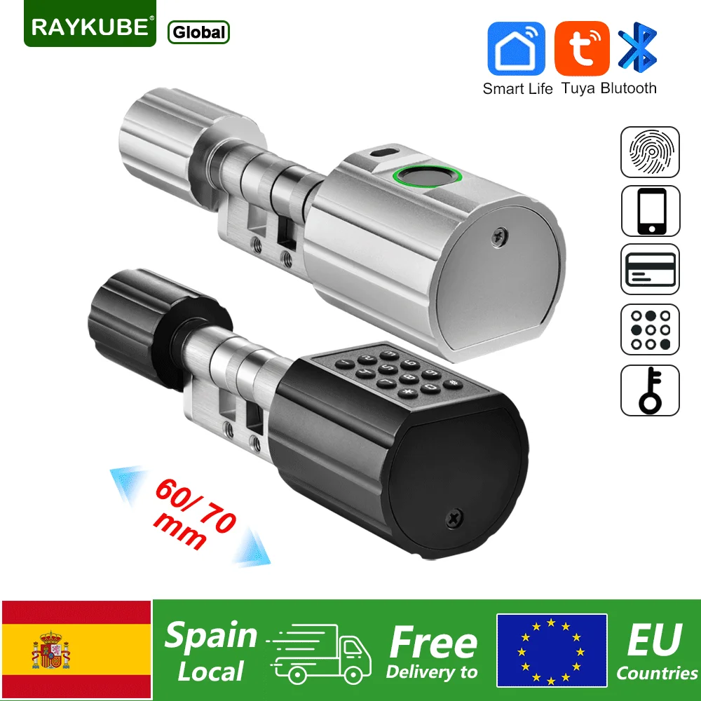 RAYKUBE L12 Tuya BLE serrure de porte numérique à cylindre d'empreintes digitales avec longueur de cylindre réglable de 60/70mm mot de passe/clé/application Tuya Unlok