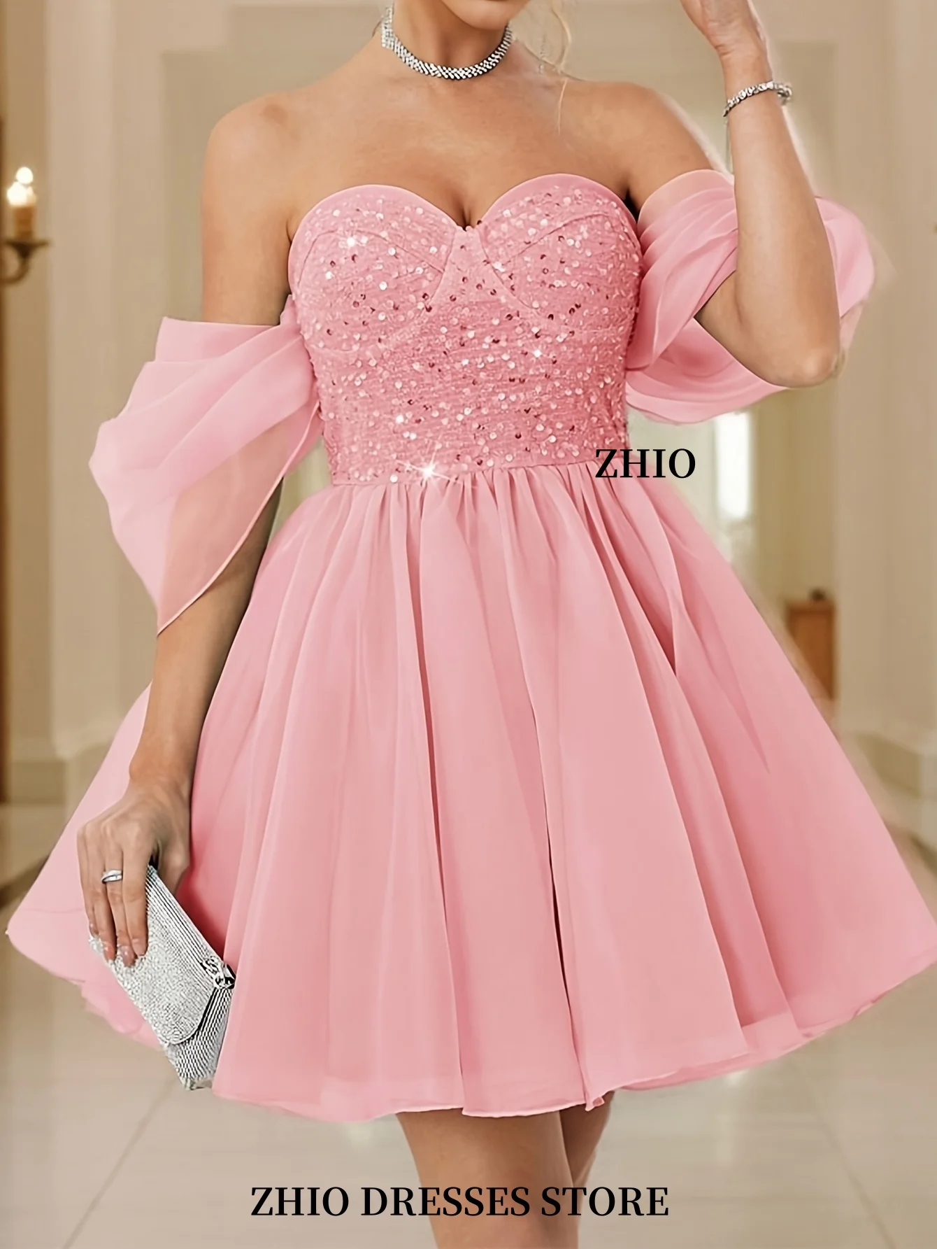 ZHIO Elegant Pink Sequin Strapless A-Line Mini Dress Candle Lace Skirt Suitable For Party Formal Events Customized