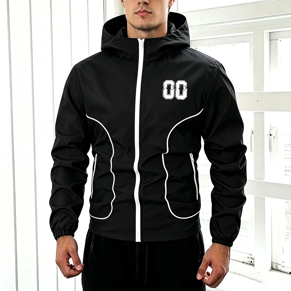 Men Casual Sport Stand Collar Hooded Outerwear Number 0 Print Full Zip & Side Stripes Zipper Pocket for Daily Running Jacket Top