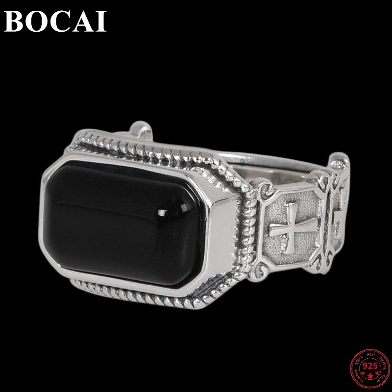 

Genuine BOCAI S925 Sterling Silver Rings for Women Men New Fashion Vintage Cross Square Agate Adjustable Size Jewelry Amulet