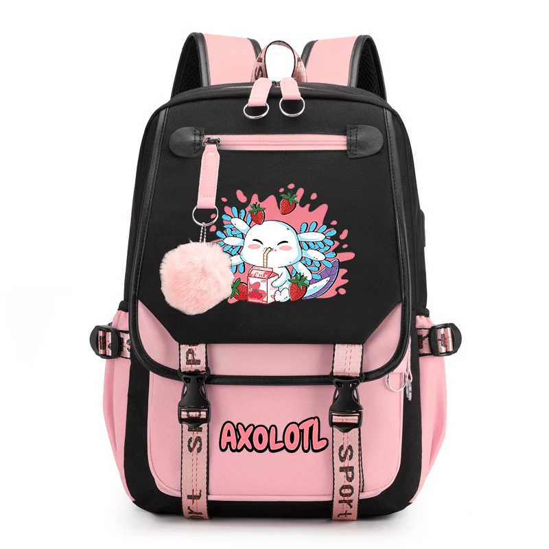 Mochila escolar con estampado Axolotl para niñas, bolsa de viaje con usb, regalo de regreso a la escuela