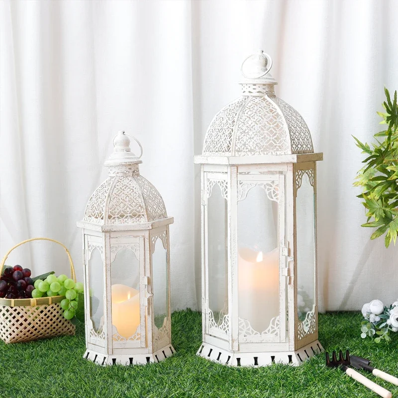 

Tower Shape Vintage White Candle Lantern Metal Hollow Lanterns for Indoor Weddings Outdoor Garden Decoration