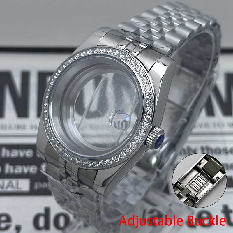 NH35 316L Stainless Steel 36mm/39mm Silver Diamond =Case+Jubilee Sapphire Magnifying Glass Watch Case Fit NH35/NH36 Movement