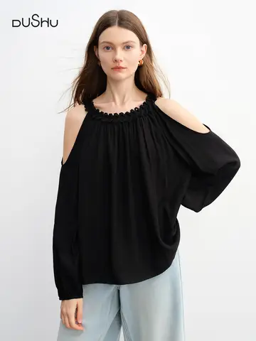 DUSHU Women's Artistic Halter Collar Off Shoulder Lantern Sleeve Blouse Summer New High-end Fashion Shirt 25DS82993