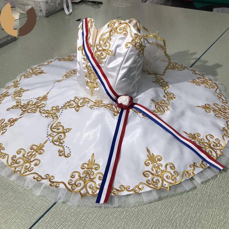 FLTOTURE Professional Adjustable White Satin Material Gold Decorations Ballet Pancake Tutu For Flame Of The Paris Competition