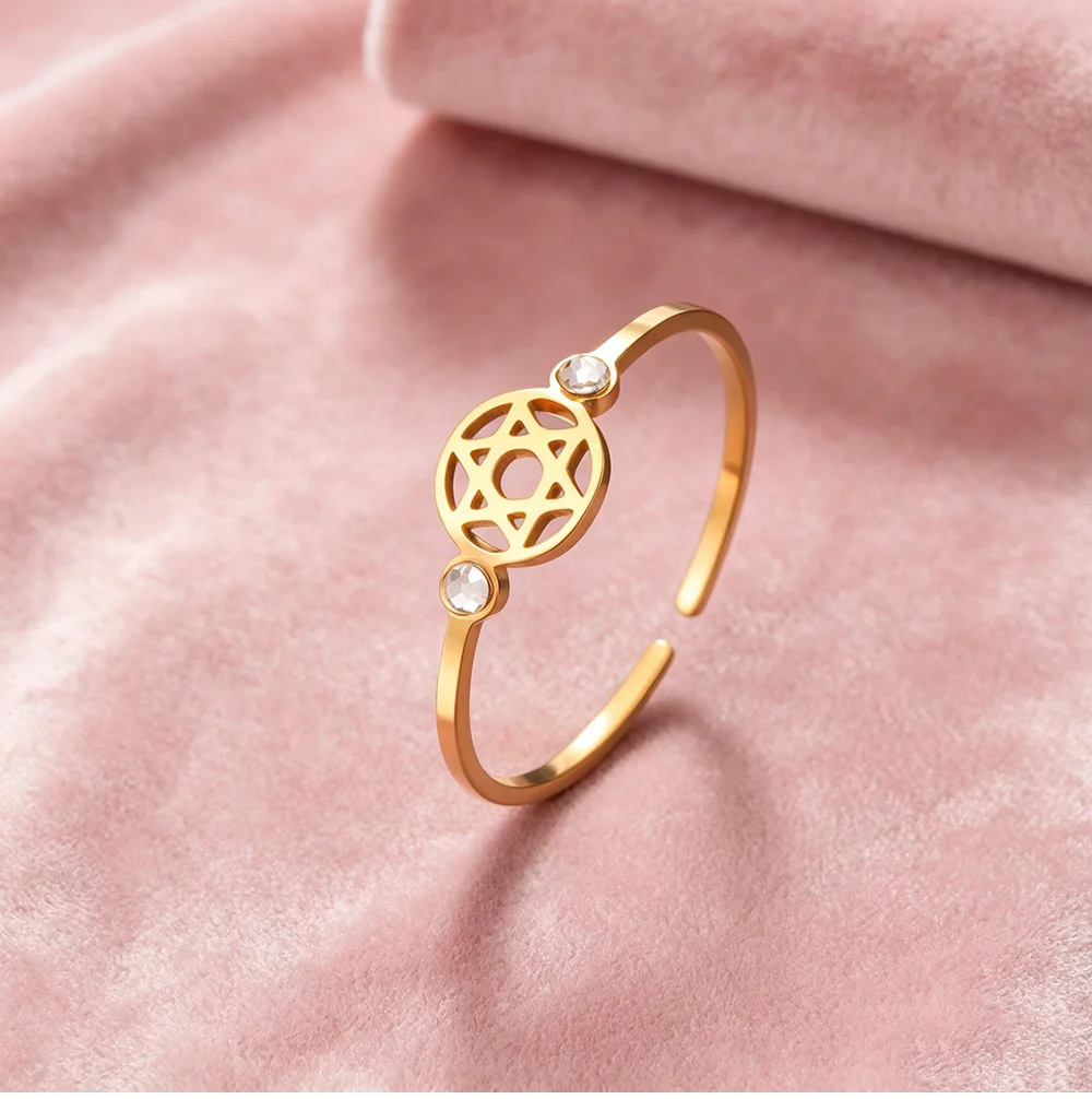 CoolTime Minimalistischer Davidstern Offener Ring Goldfarben Hexagramm Zirkon Amulett Schutz Tägliches Tragen Kreuzschmuck für Frauen Geschenk – Detail 6