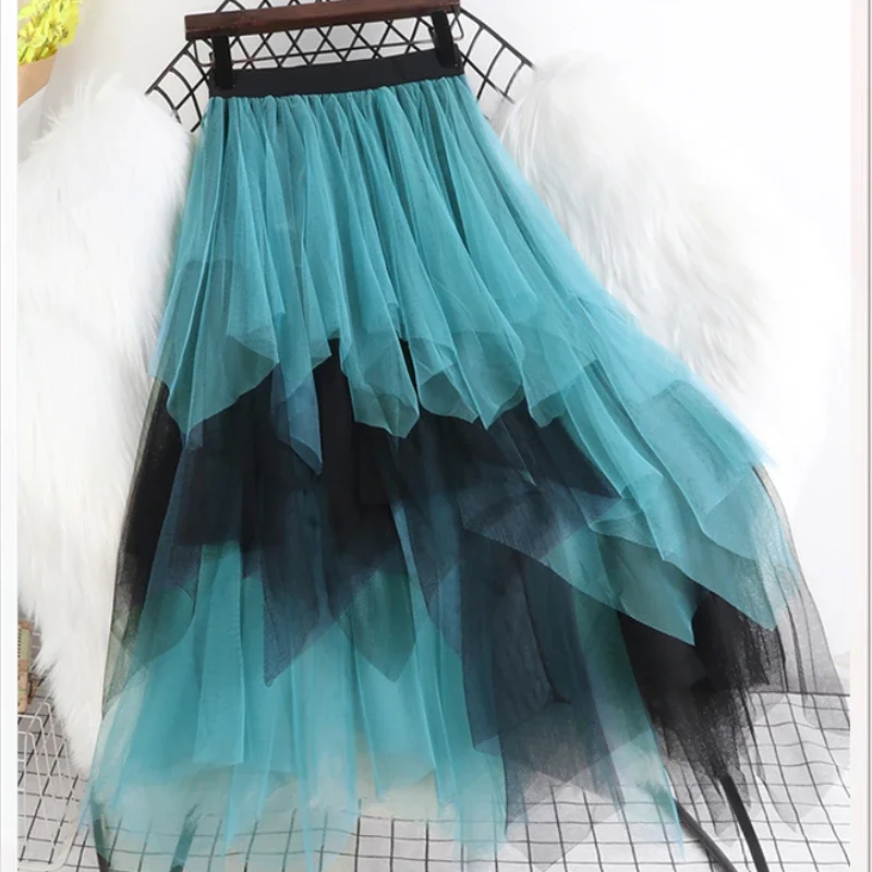 

Fairy Irregular Puffy Patchwork Cakee Long Mesh Skirt Contrast Color High Low Sweet Calf Long Tulle Skirts