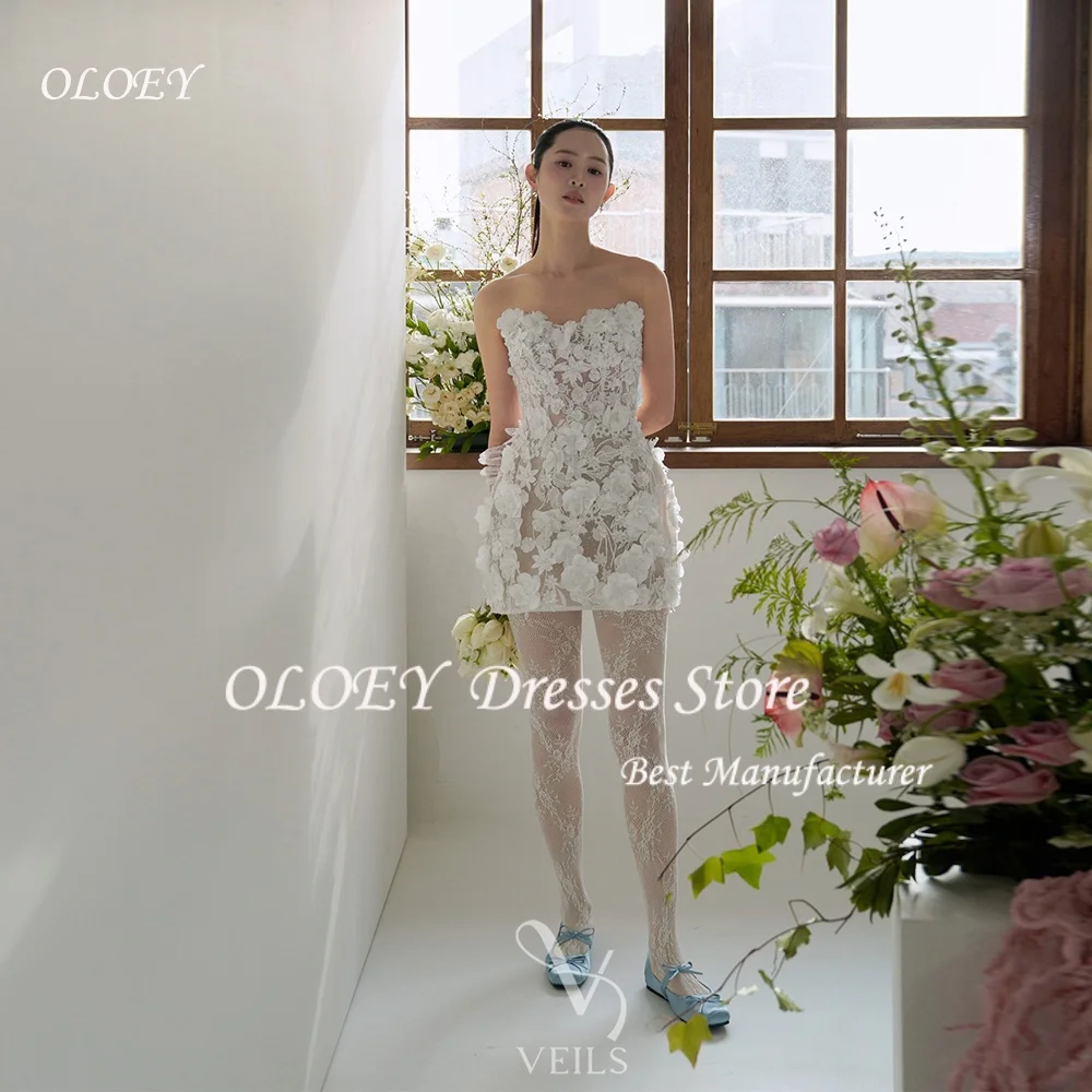 

OLOEY Simple Short Wedding Party Dresses Korea Strapless Lace Flowers Mini Bride Gowns Mariage Customised Garden Cute Lovely