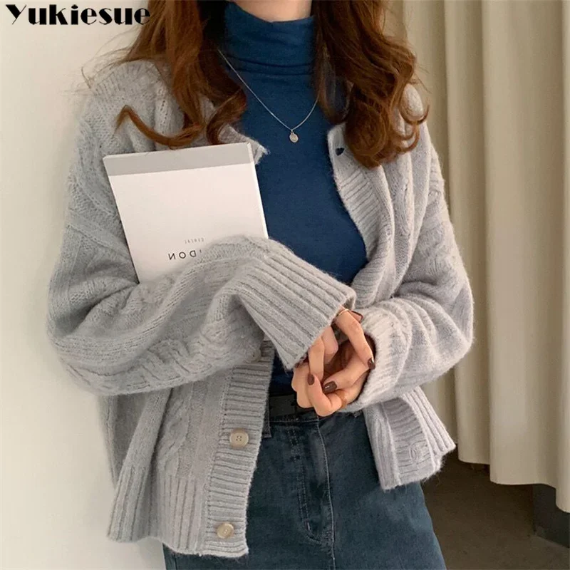 2023 الخريف الشتاء الطبعة الكورية المرأة أزرار فضفاضة حتى متماسكة سترة دافئة سترة معطف الصلبة طويلة الأكمام المرأة سترة غير رسمية