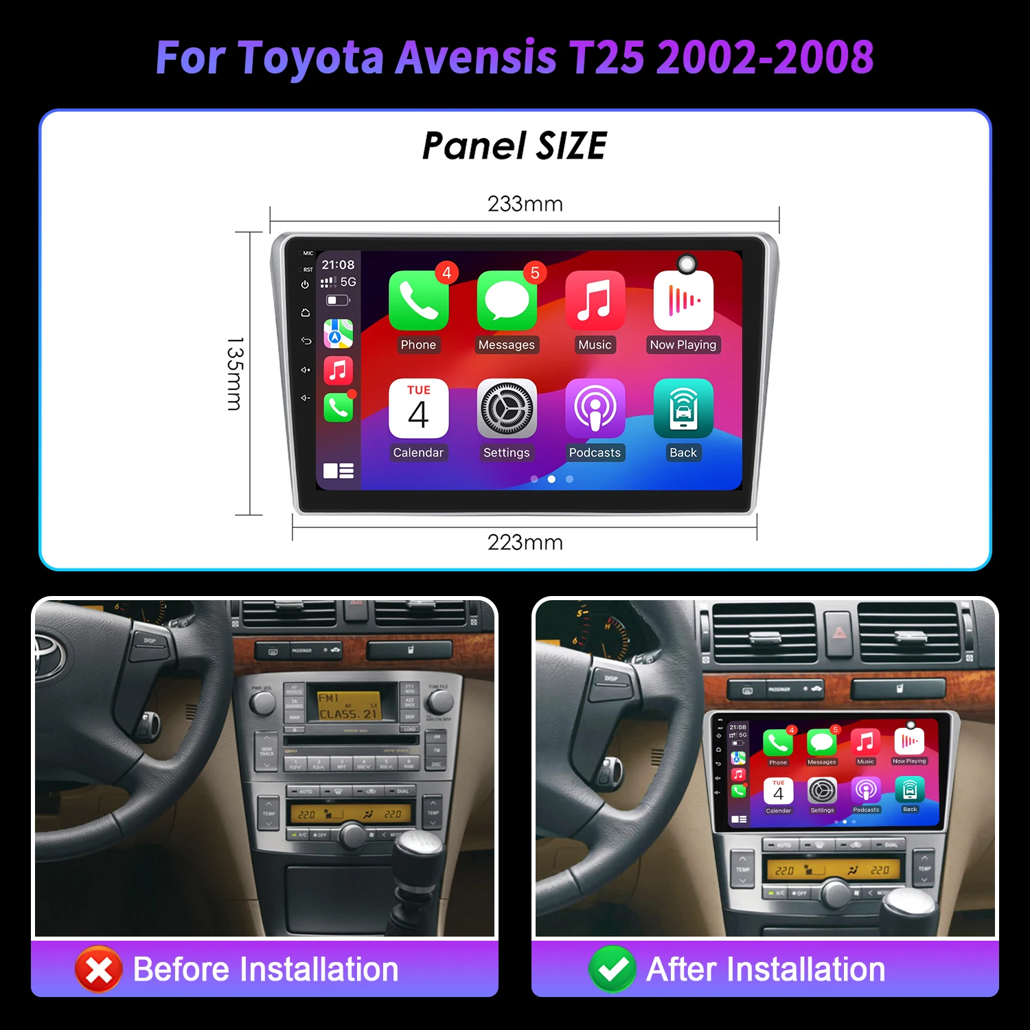 9" For Toyota Avensis T25 2002-2008 Car Multimedia Radio Android 16 System BT Carplay Android Auto 2K QLED Screen 4G GPS 5G WIFI view 2