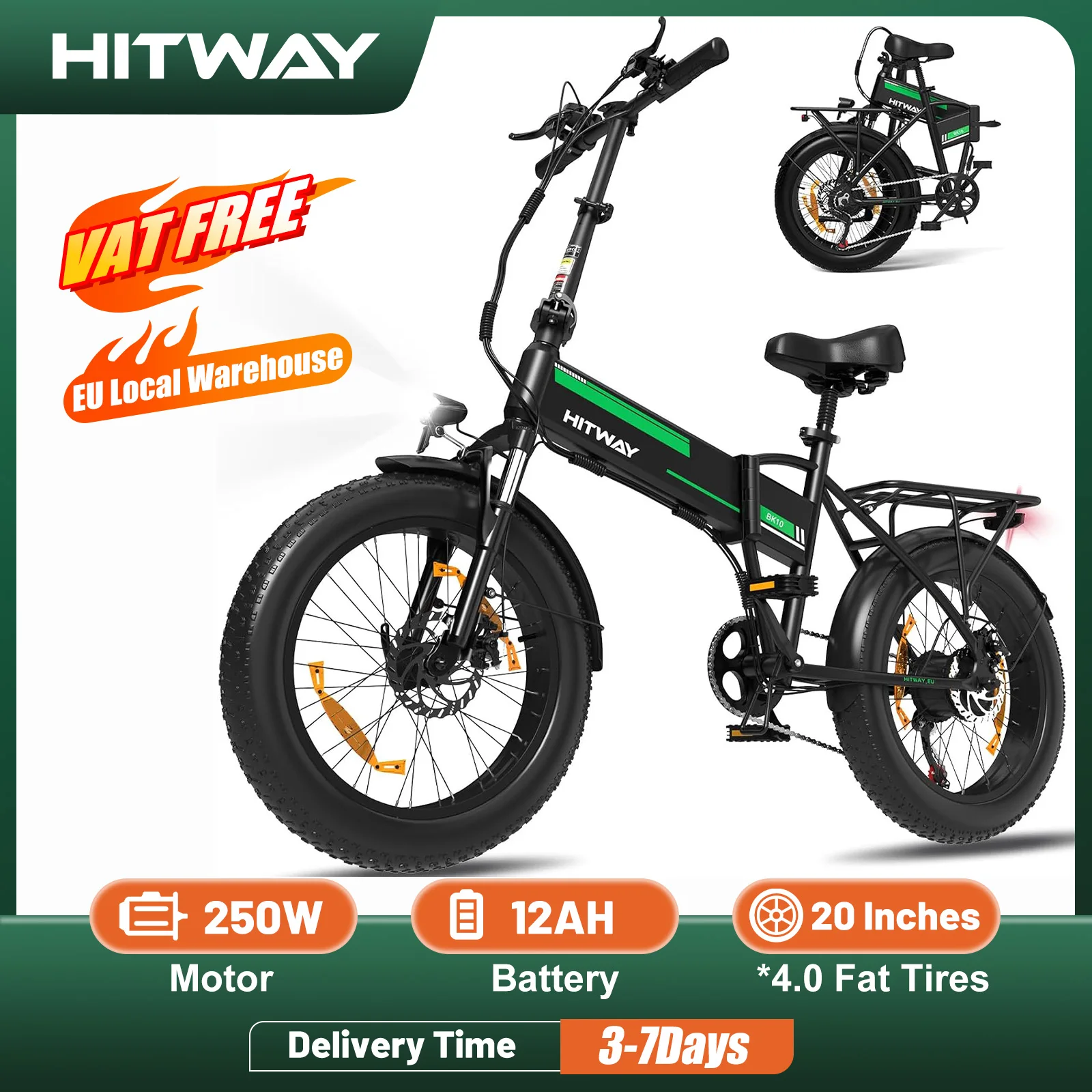 HITWAY E-Bike Elektrofahrrad 20 x 4,0 Fat Tire faltbares Faltrad 250W 12Ah 48V abnehmbarer Akku