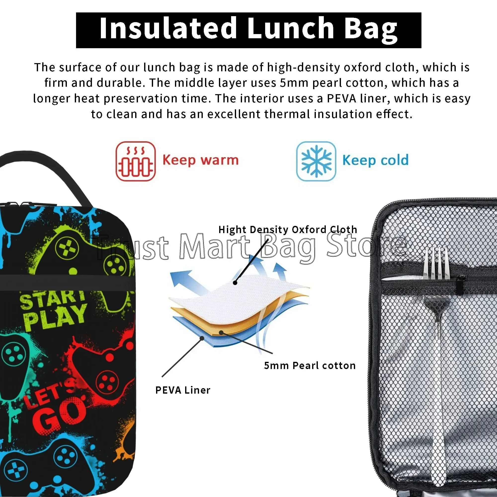 Video Game Controller Insulated Lunch Box Gamepad Waterproof Portable Thermal Bento Lunch Bag for School Travel Picnic Beach