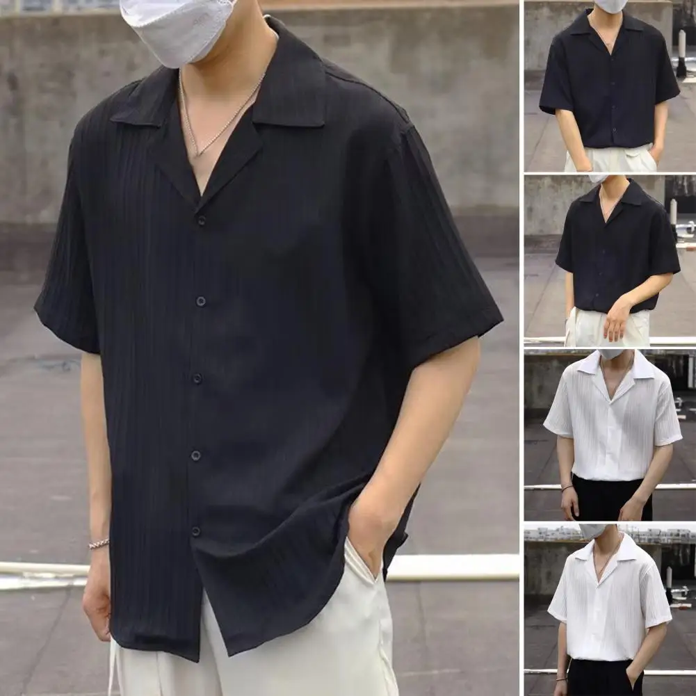 

Men Button-down Shirt Men Button-up Shirt Men's Striped V Neck Business Shirt with Turn-down Collar Short Sleeves for Male