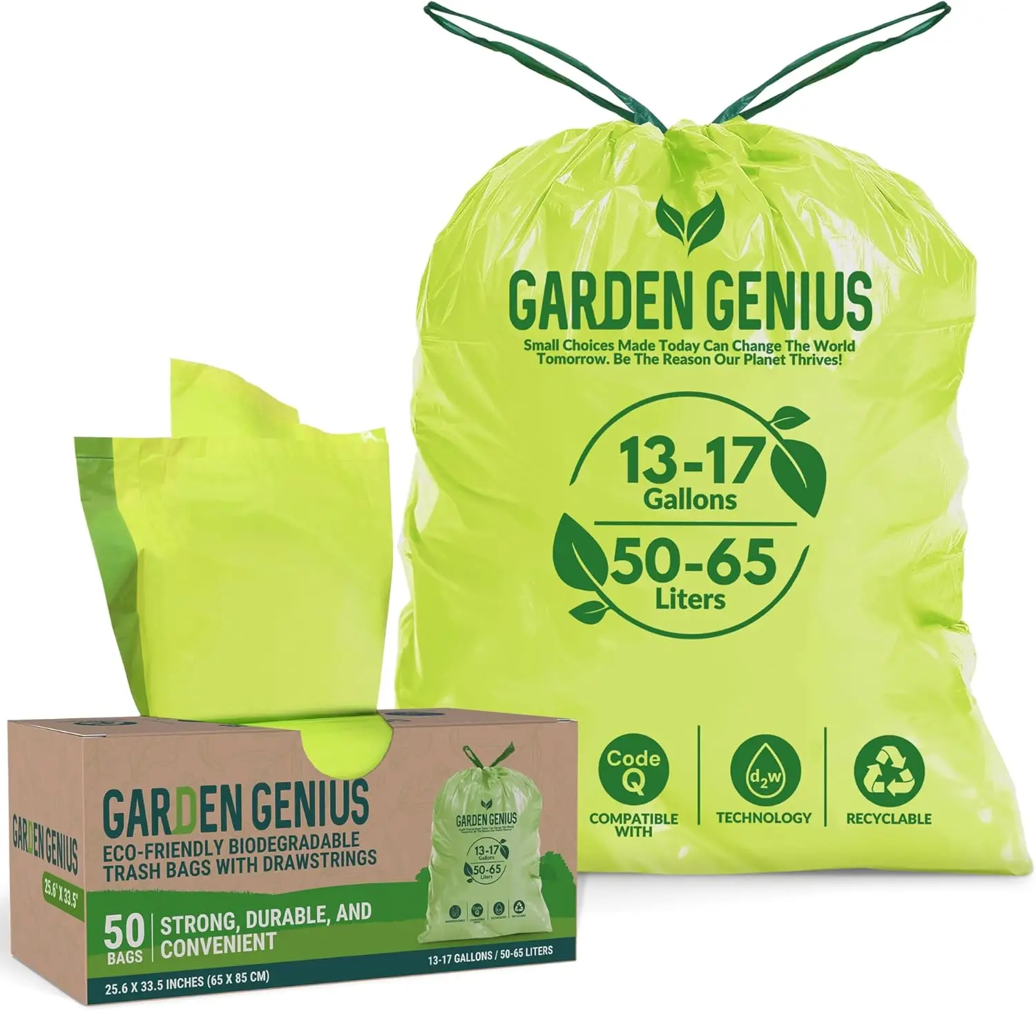 

Heavy Duty Trash Bags 13-17 Gallon (50 Pack) with Drawstring for Kitchen Cans 25.6" x 33.5"