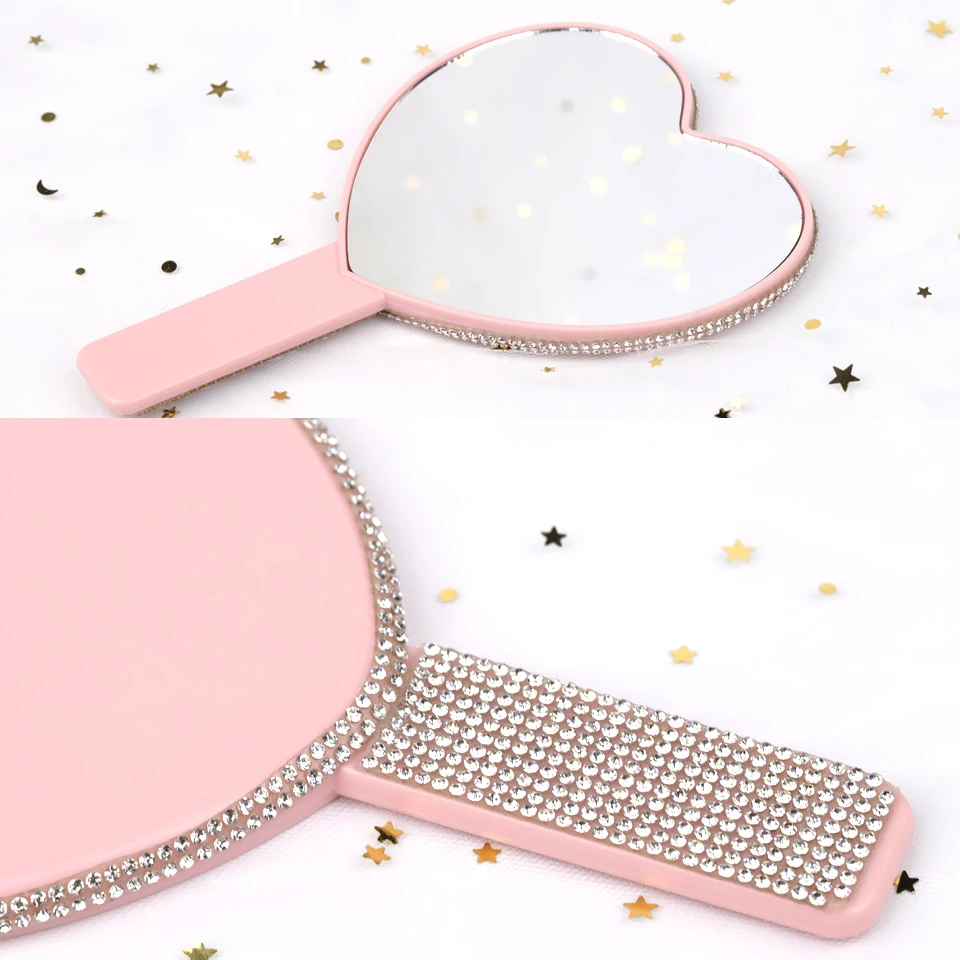 Led Smart Pearl Diamond Handle Makeup Mirror Cosmetic Beauty Tools Pink Silver Black Heart Glitter Mirror Cat Handheld Mirrors