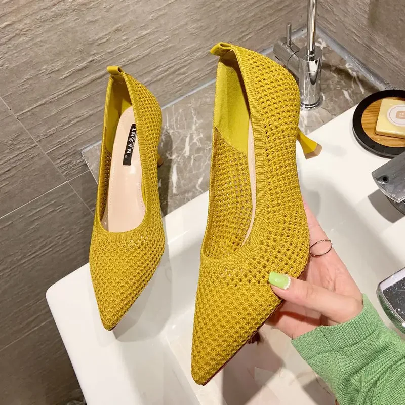 Damskie czółenka letnie wygodne trójkątne buty na obcasie na szpilkach seksowne pojedyncze buty siatka tkana oddychające buty damskie