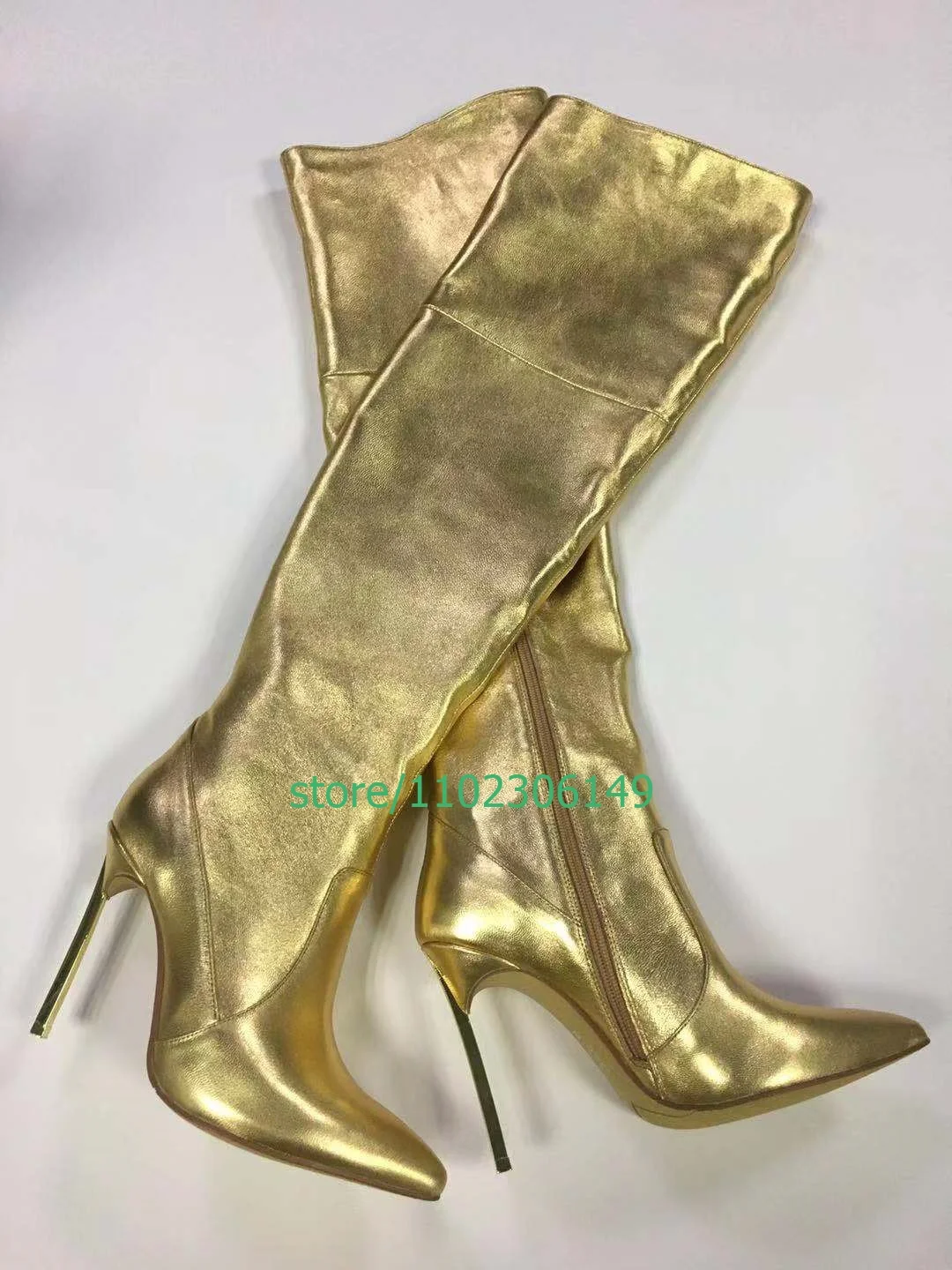 Lady Gold PU Sliver Stiletto Heel Design Knee Boots Fall Winter Party Dress Shoes Elegant Punk Sexy Pointed Toe Boots Size 43