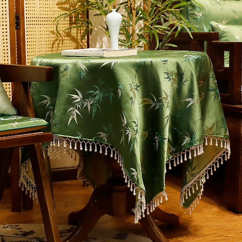 Living Room Tea Table Cloth Luxury Green Tablecloth Home Decoration Chinese Style Retro Tassel Jacquard Embroidery Tablecloth