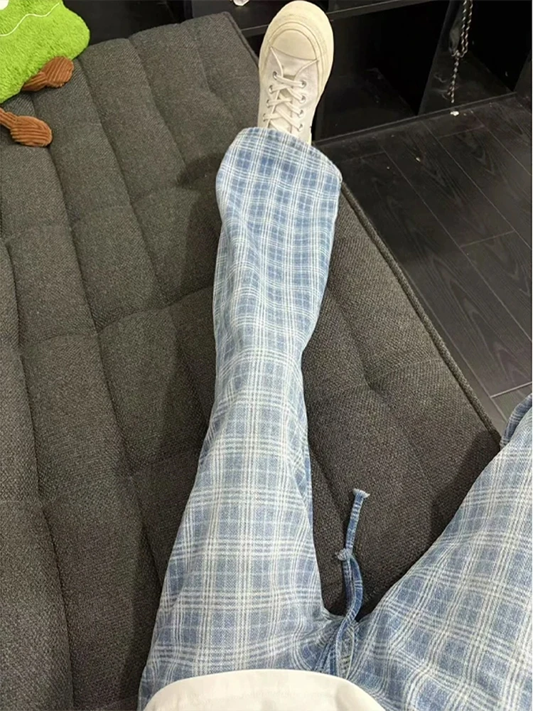 

Retro American Blue Plaid Men's Summer Thin Lazy Sle Cheered Dstring Straight Leg Micro Flared Jeans Casual Loose Fit