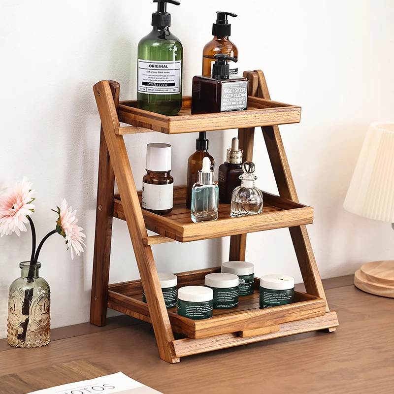 

Kitchen Teak Organizer Storage Shelf Foldable Wooden Storage Rack Solid Wood Desktop Stand Multifunctional Space-Saving Holder