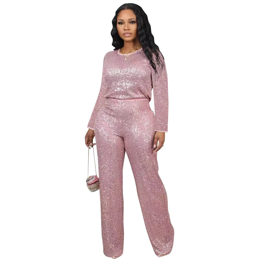 2024 New Spring Casual Sequin 2 Piece Set Women Solid Party 2 Piece Outfit O Neck Long Sleeve Tops Wide Leg Pants Suit Women Set