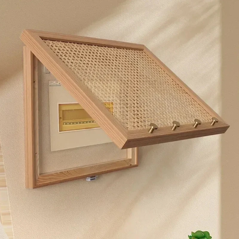 ABKJ-Rattan Electric Meter Box Flip Design Wall Sticker Clothes Hook Power Switch Cover Home Decoration