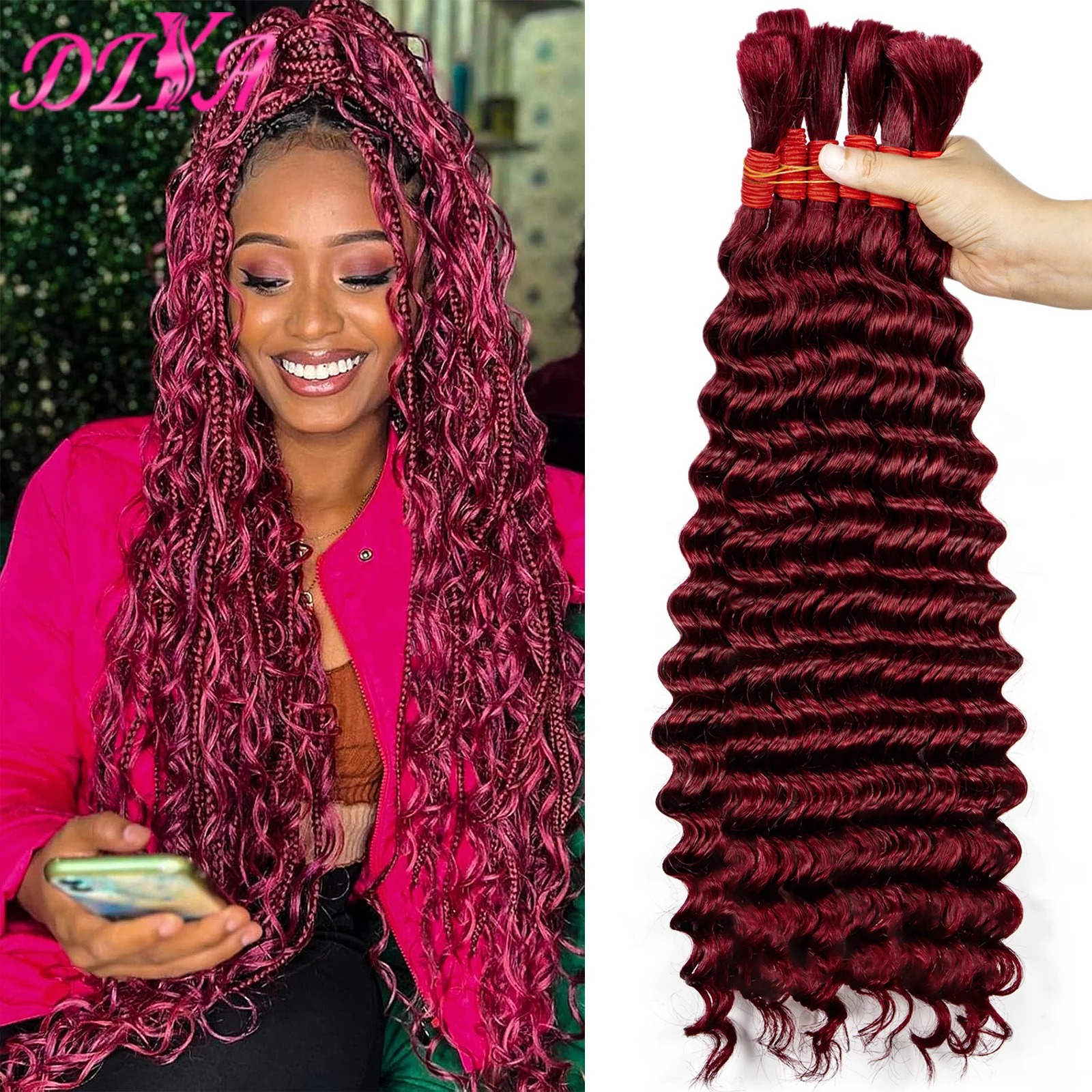 

Braiding Hair Human Bulk Hair Deep Wave Bulk Human Braiding Hair for Braids Hair No Weft 99J Burgundy Human Hair Extension