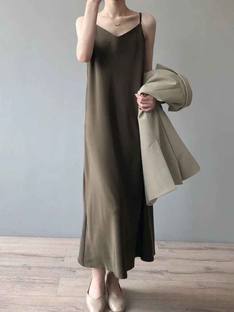 프렌치 Y2K 스타일 H라인 드레스 여성 미디 빈티지 우아한 여름 스파게티 스트랩 인스 스트리트웨어 여성 백리스 미니멀리스트 베스티도스