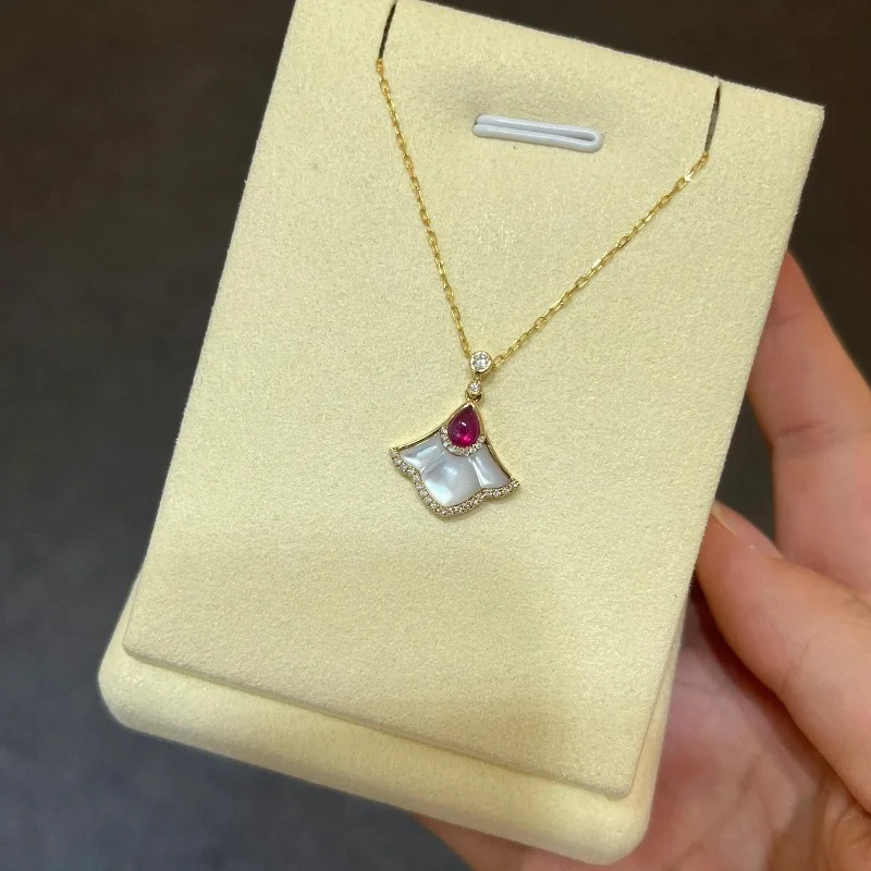 Creative Light Luxury White Fritillaria Maple Leaf Ruby Necklace earrings Pendant  High quality Fashion Retro  jewelry sets
