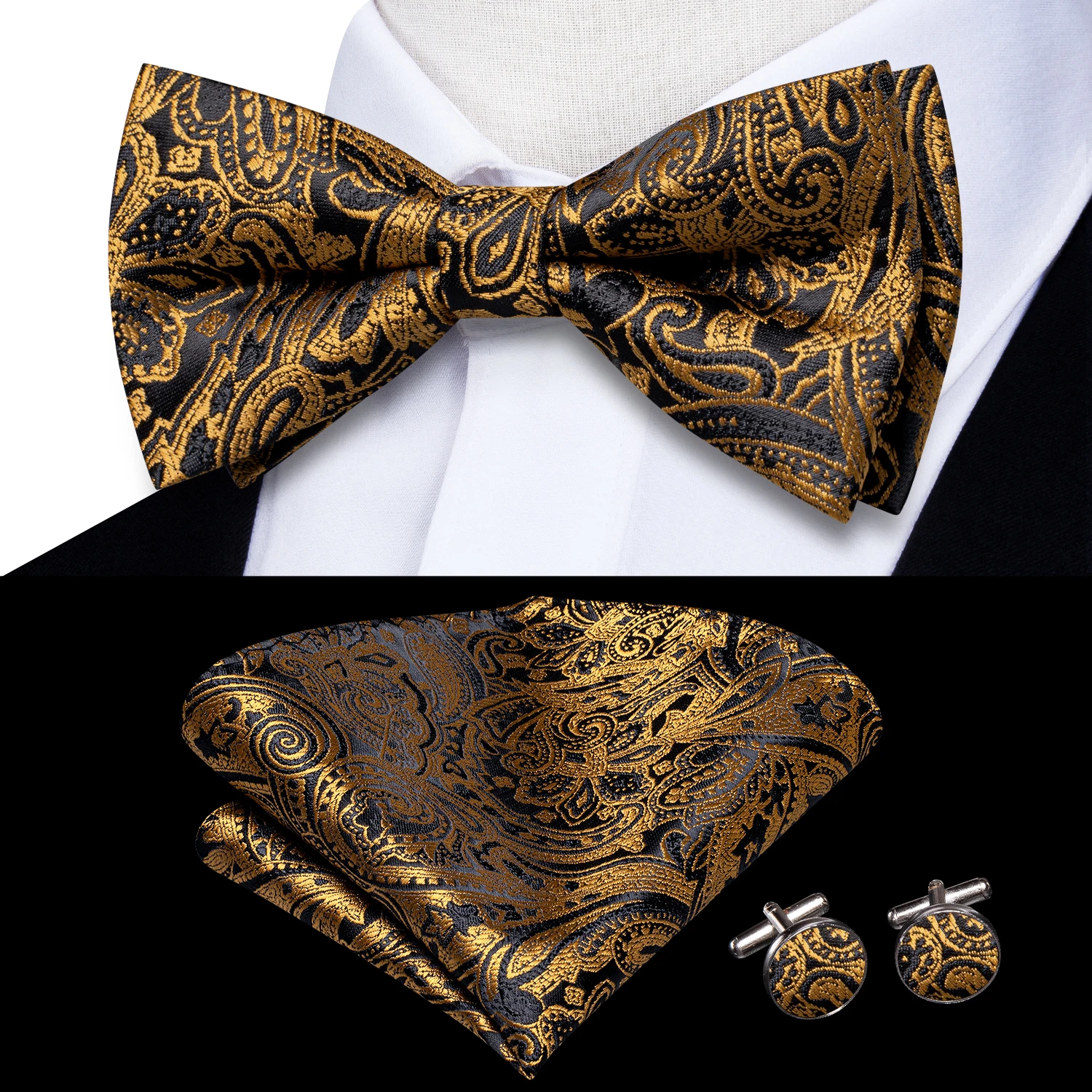 

Hi-Tie Jacquard Silk Mens Bowtie Hanky Cufflinks Set Pre-tied Butterfly Knot Bowtie Wholesale for Male Paisley Floral 50 Colors