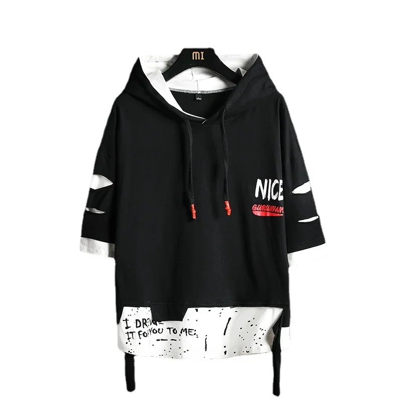 Men Fashion Ribben Hoodie Summer Short Sleeve Hoodies Men's Hoodies Tshirt Color Splice Hooded Tshirt Hip Hop Street Sweatshirt