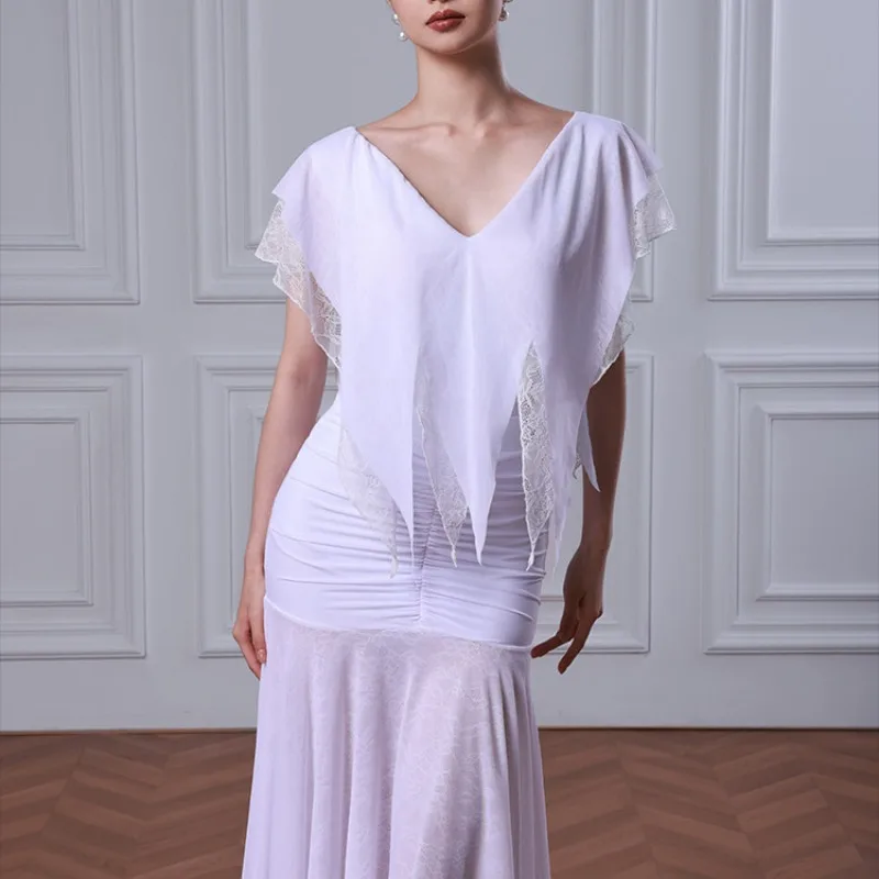 Customized TID Modern Dance Dress Waltz Skirt White Floating Yarn Standard Ballroom Dresses for Women Top and Skirt