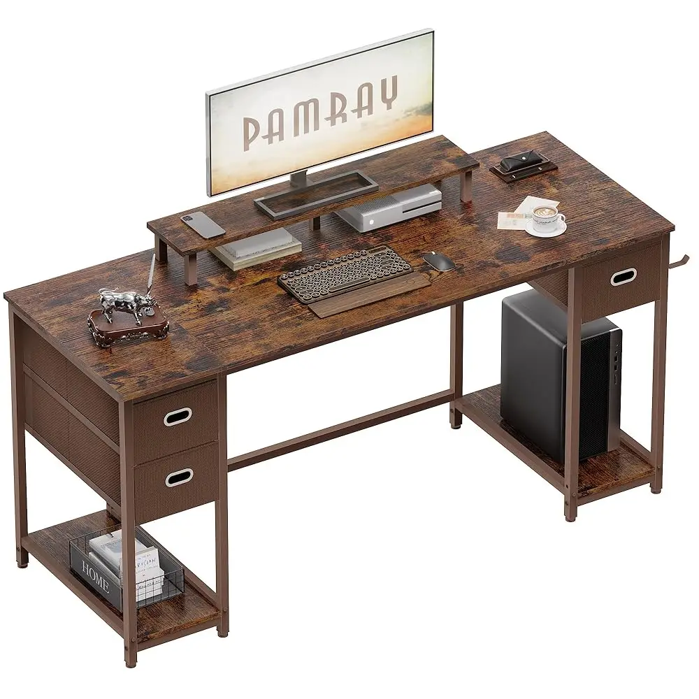 

55 H Computer Desk With Non-Woven Storage Drawers And Monitor Stand Home Office Desk For Bedroom Study Table Writing And Work