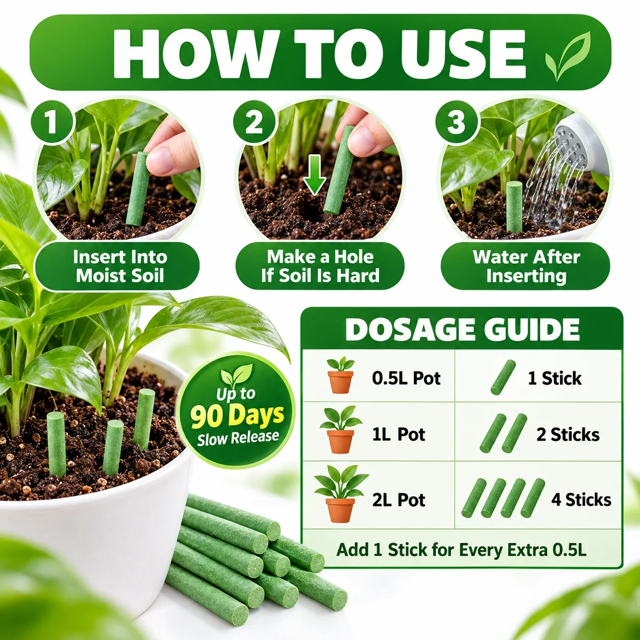90-Day Slow Release Plant Fertilizer Sticks Nutrient Food Bars Root Booster for Indoor Outdoor Potted Flowers Garden Houseplants