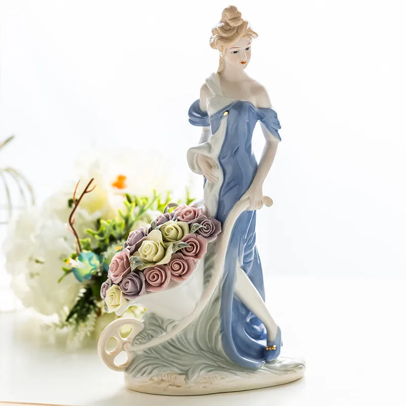 BIG 35CM EUROPEAN CERAMICS ROSE LADY ART RETRO PORCELAIN GIRL FIGURE FIGURINE CHARACTER STATUE  HOME ORNAMENTroom Art Statue