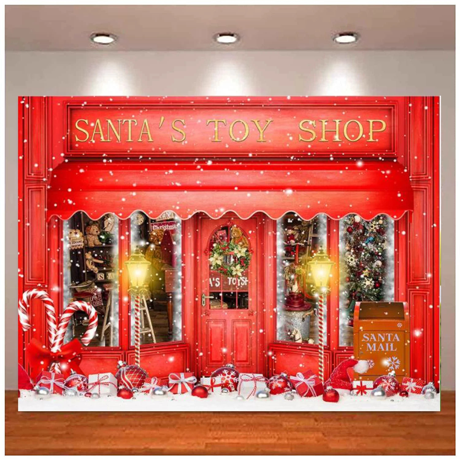 Red Christmas Photo Photography Backdrop Santa's Toy Shop Candy Cane in Snow World Xmas Family Holiday Party Banner  Background