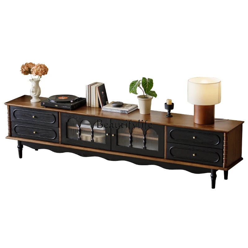 

French retro North American black walnut medieval style floor-to-ceiling black TV cabinet