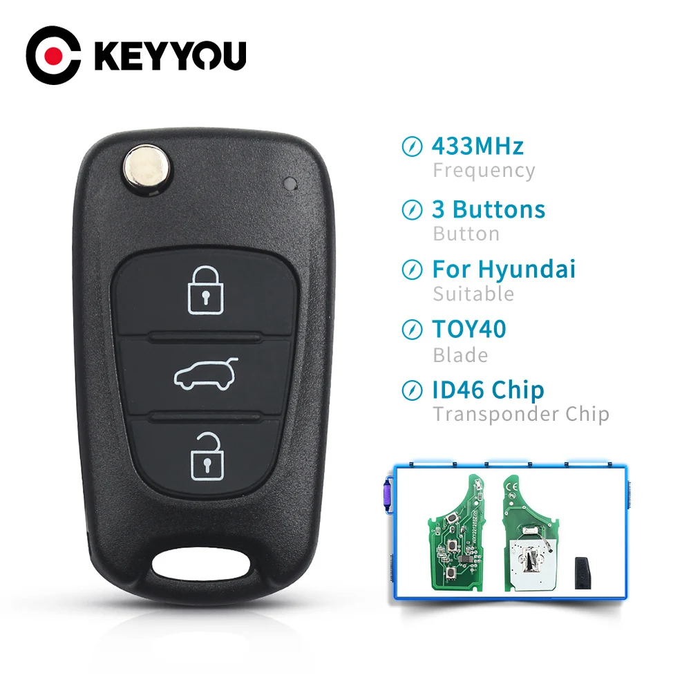 

KEYYOU For Hyundai I20 I30 IX35 Avante Tucson SONATA NF 3 Buttons 433 Mhz ID46 Chip Flip Car Remote Key Full Control